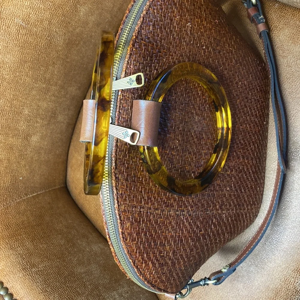 Patricia Nash Brown Woven Dome Bag with Tortoiseshell Ring Handles